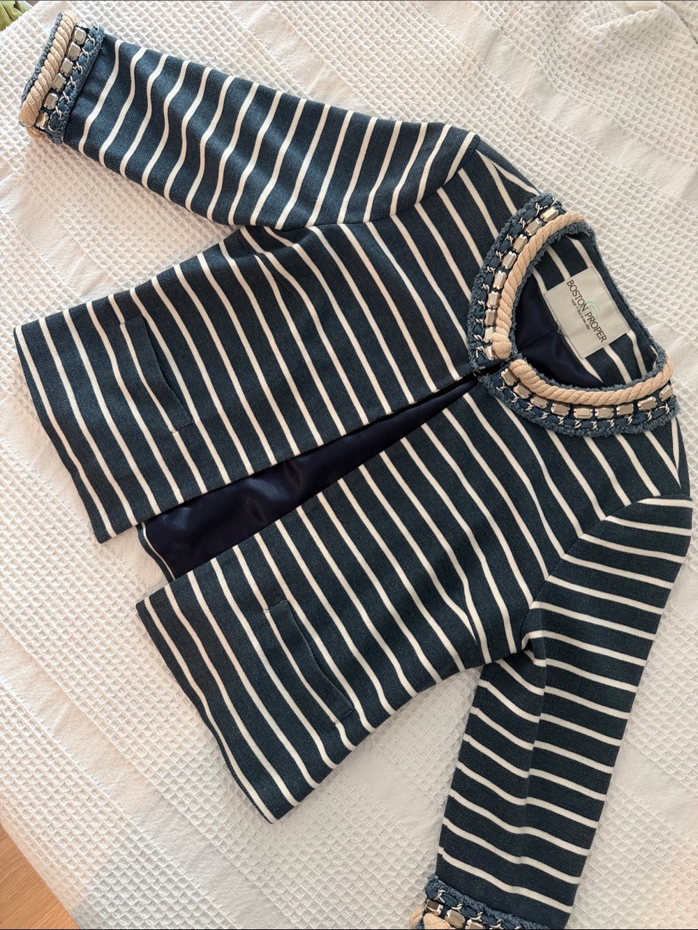 Boston Proper Navy and White Striped Embellished Collar Jacket